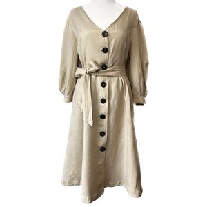 Neiman Marcus Women’s Tan Linen Blend Midi Button Down Belted Midi Shirt Dress